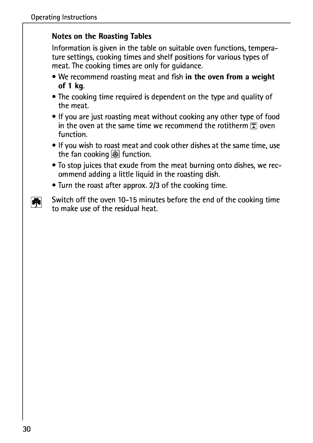 Electrolux B2190-1 manual Notes on the Roasting Tables 