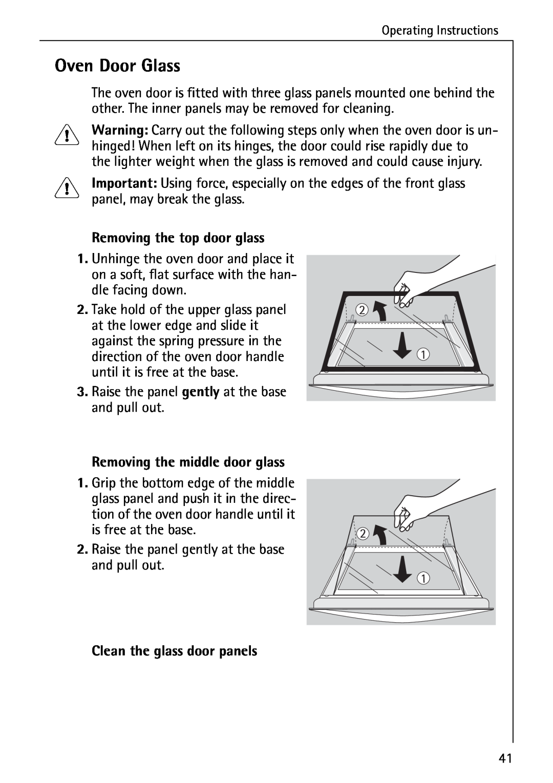 Electrolux B2190-1 manual Oven Door Glass, Removing the top door glass, Removing the middle door glass 