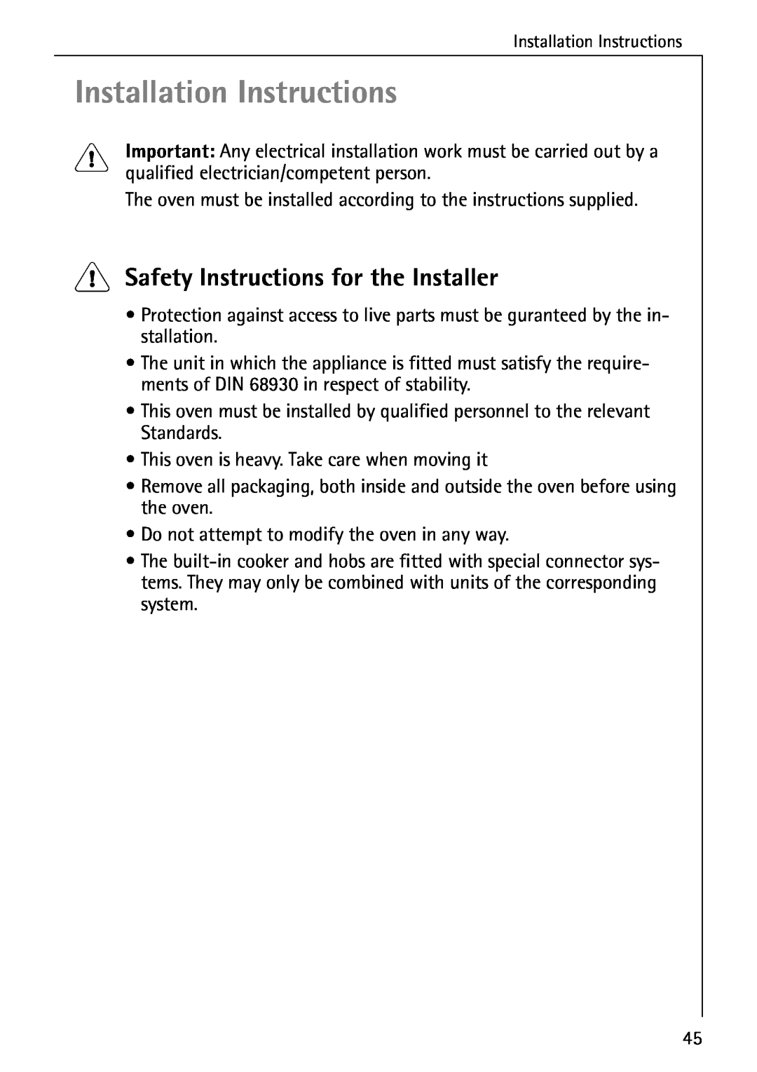 Electrolux B2190-1 manual Installation Instructions, Safety Instructions for the Installer 