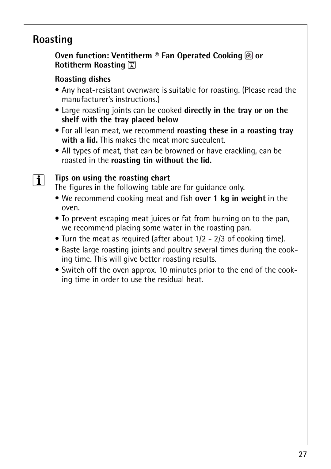 Electrolux B3101-4 manual Roasting, Tips on using the roasting chart 