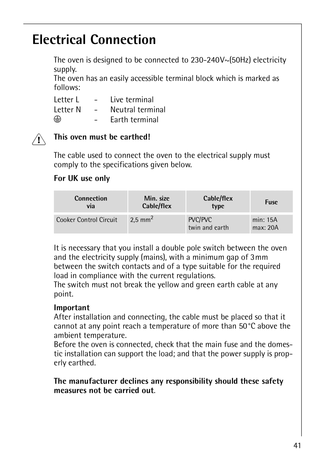 Electrolux B3101-4 Electrical Connection, This oven must be earthed, For UK use only, Connection Min. size Cable/flex Fuse 