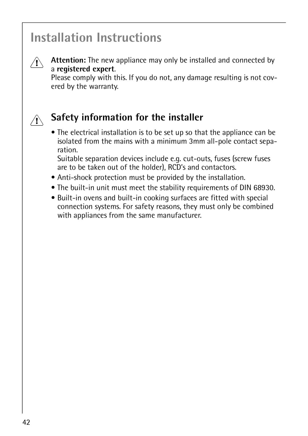 Electrolux B3101-4 manual Safety information for the installer, Registered expert 