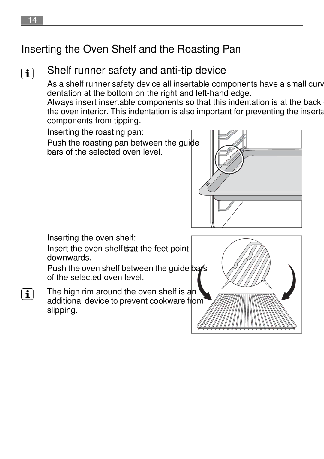 Electrolux B3101-5 Inserting the Oven Shelf and the Roasting Pan, Inserting the roasting pan, Inserting the oven shelf 