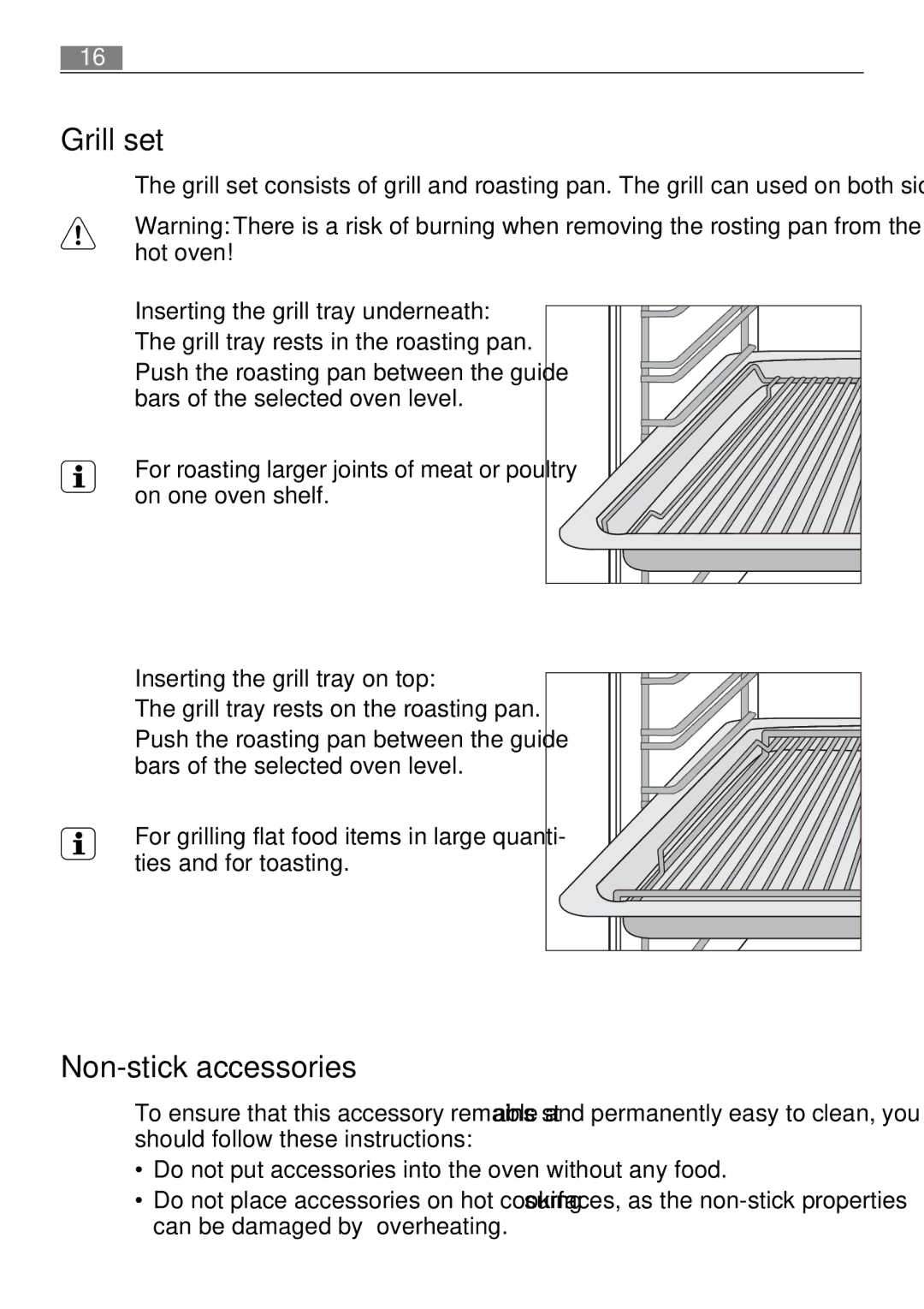 Electrolux B3101-5 user manual Non-stick accessories, Inserting the grill tray underneath, Inserting the grill tray on top 