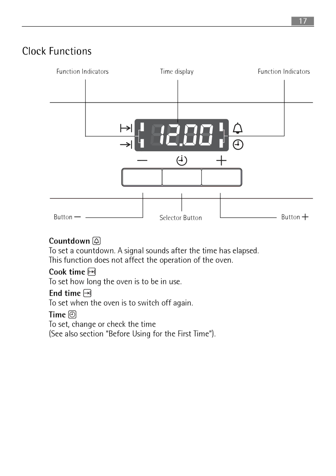 Electrolux B3101-5 user manual Clock Functions, Countdown, Cook time, End time, Time 