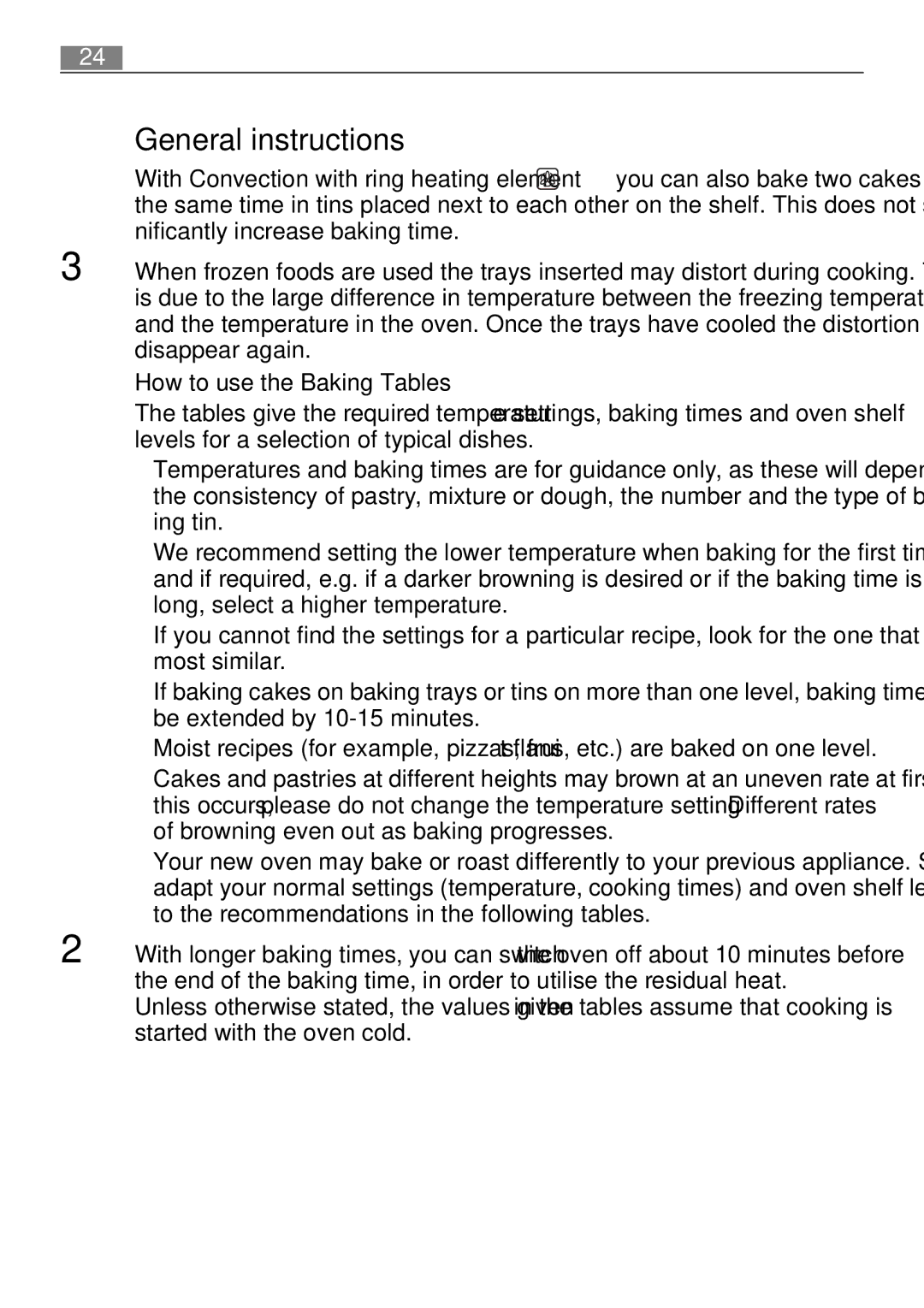 Electrolux B3101-5 user manual General instructions, How to use the Baking Tables 