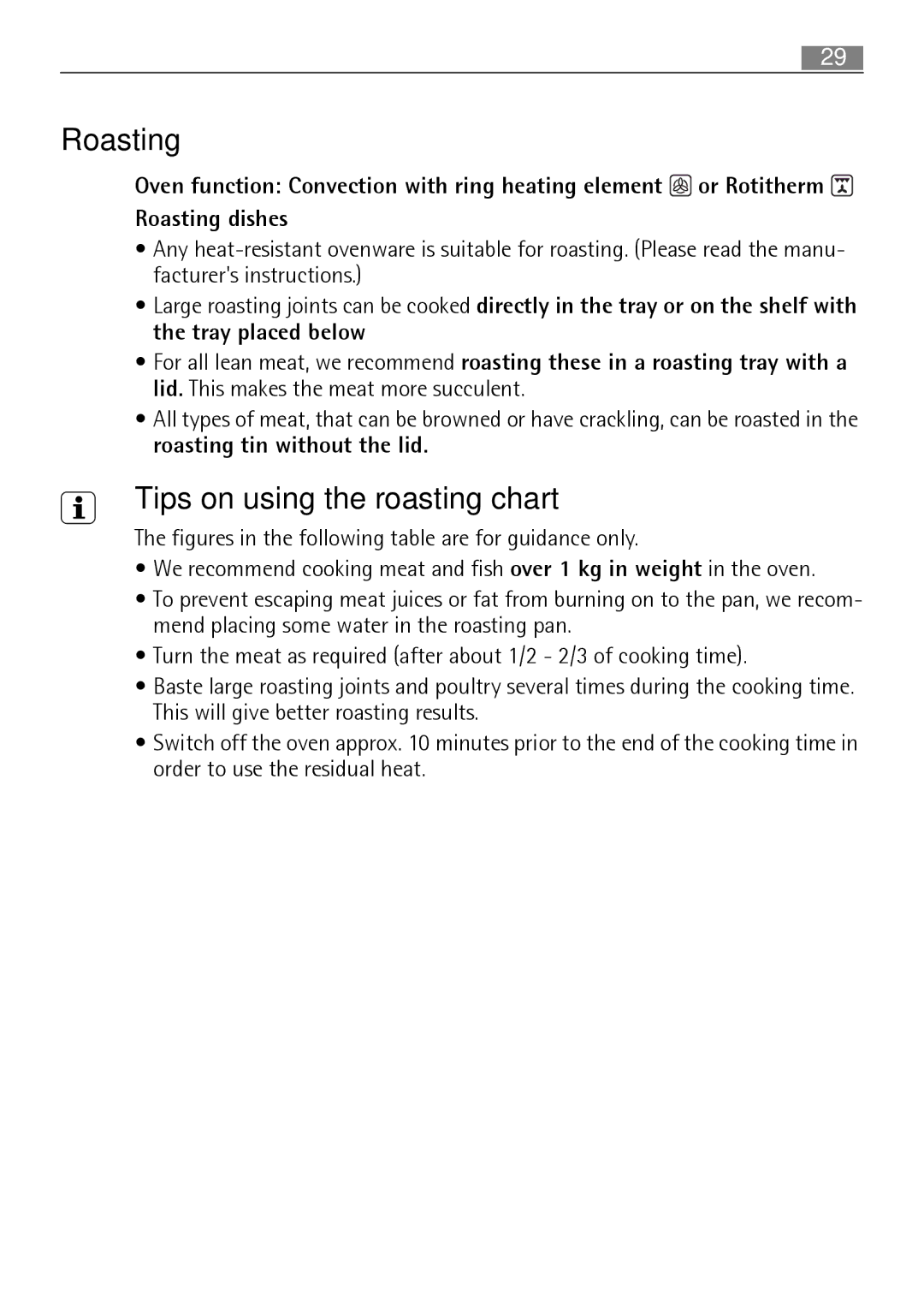 Electrolux B3101-5 user manual Roasting, Tips on using the roasting chart 