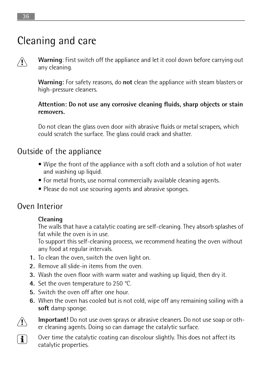 Electrolux B3101-5 user manual Cleaning and care, Outside of the appliance, Oven Interior 