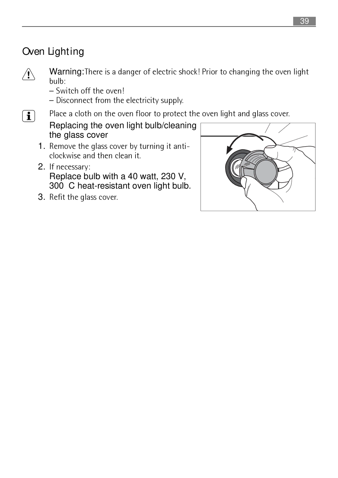 Electrolux B3101-5 user manual Oven Lighting, Replacing the oven light bulb/cleaning the glass cover 