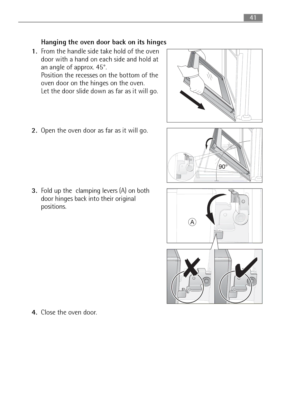 Electrolux B3101-5 user manual Hanging the oven door back on its hinges 