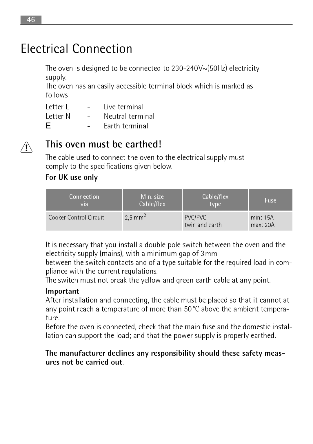 Electrolux B3101-5 user manual Electrical Connection, For UK use only 