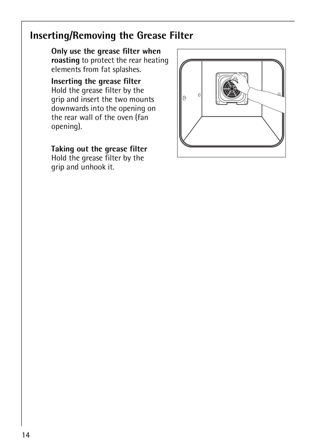 Electrolux B3150-4 manual Inserting/Removing the Grease Filter 