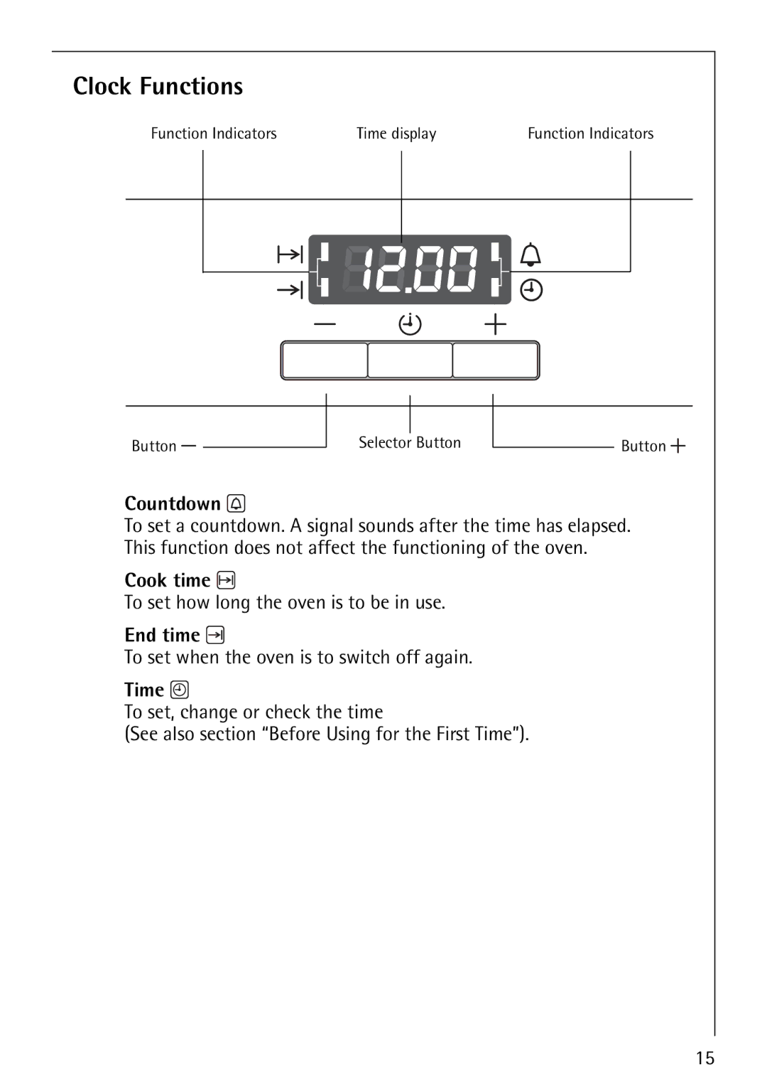 Electrolux B3150-4 manual Clock Functions, Countdown, Cook time, End time, Time 