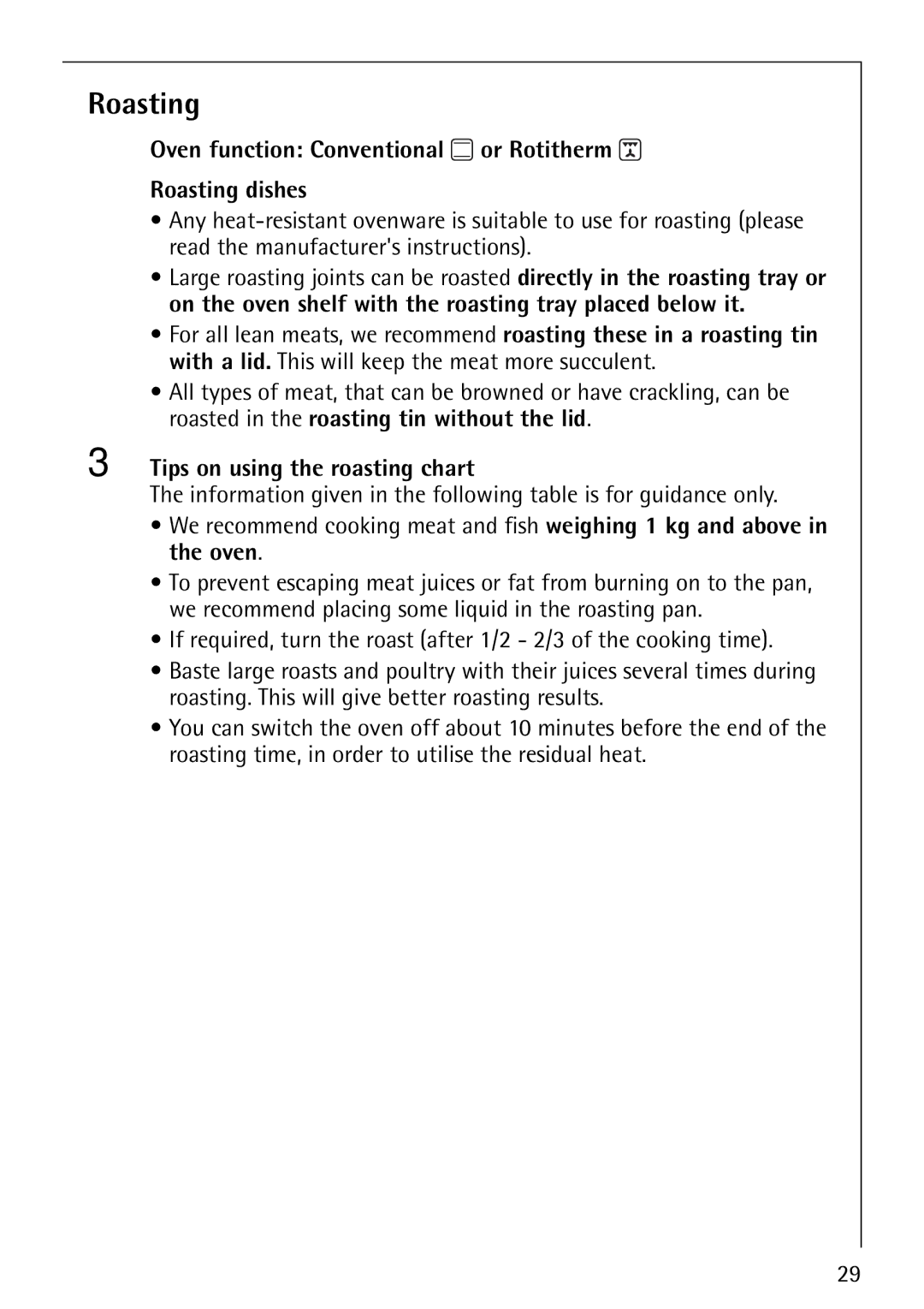 Electrolux B3150-4 manual Oven function Conventional or Rotitherm Roasting dishes, Tips on using the roasting chart 