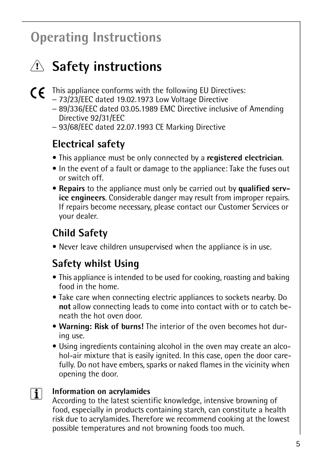 Electrolux B3150-4 Safety instructions, Electrical safety, Child Safety, Safety whilst Using, Information on acrylamides 