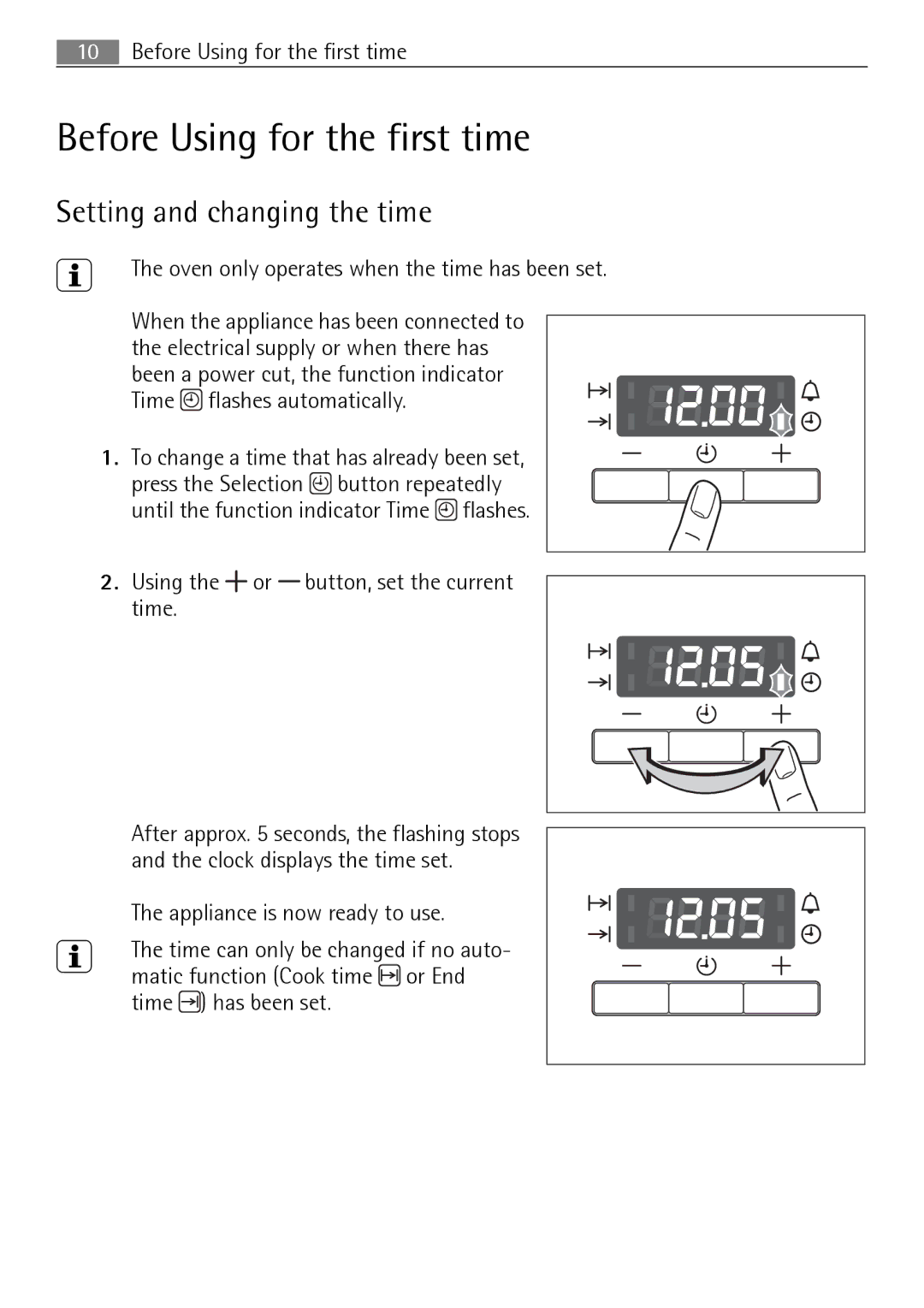 Electrolux B3150-5 user manual Before Using for the first time, Setting and changing the time 