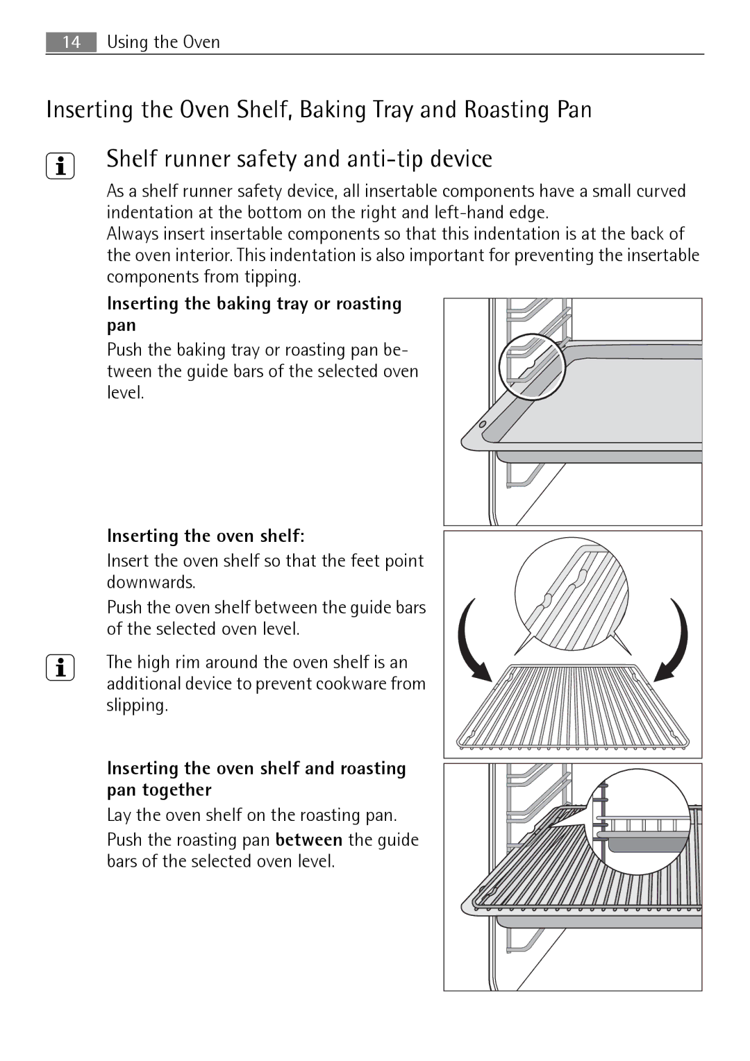 Electrolux B3150-5 user manual Inserting the baking tray or roasting pan, Inserting the oven shelf 