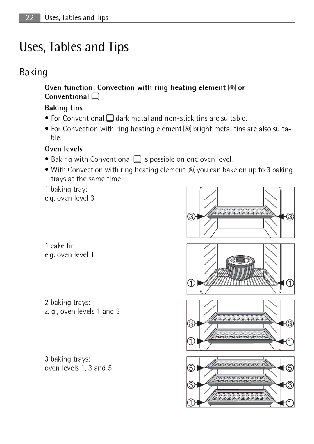 Electrolux B3150-5 user manual Uses, Tables and Tips, Baking, Oven levels 