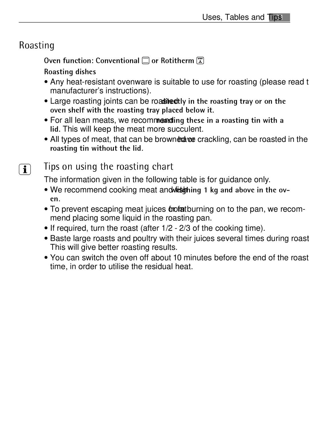 Electrolux B3150-5 Tips on using the roasting chart, Oven function Conventional or Rotitherm Roasting dishes 