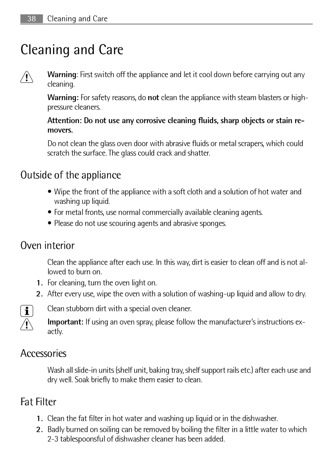 Electrolux B3150-5 user manual Cleaning and Care, Outside of the appliance, Oven interior, Accessories, Fat Filter 