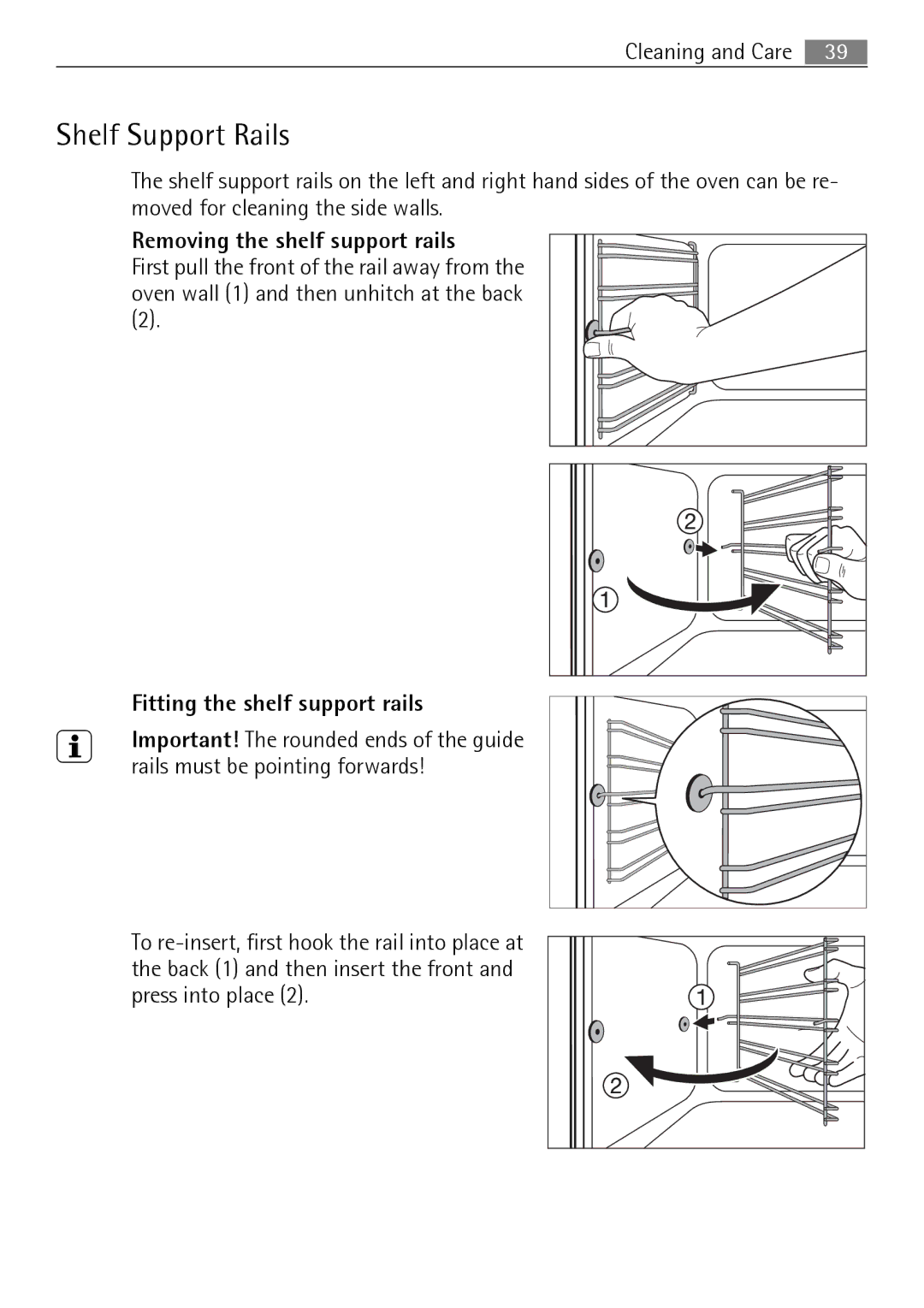 Electrolux B3150-5 user manual Shelf Support Rails, Removing the shelf support rails, Fitting the shelf support rails 