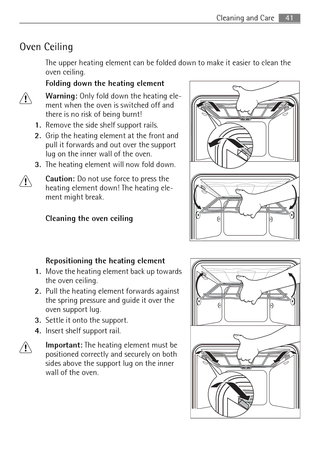 Electrolux B3150-5 user manual Oven Ceiling, Folding down the heating element 