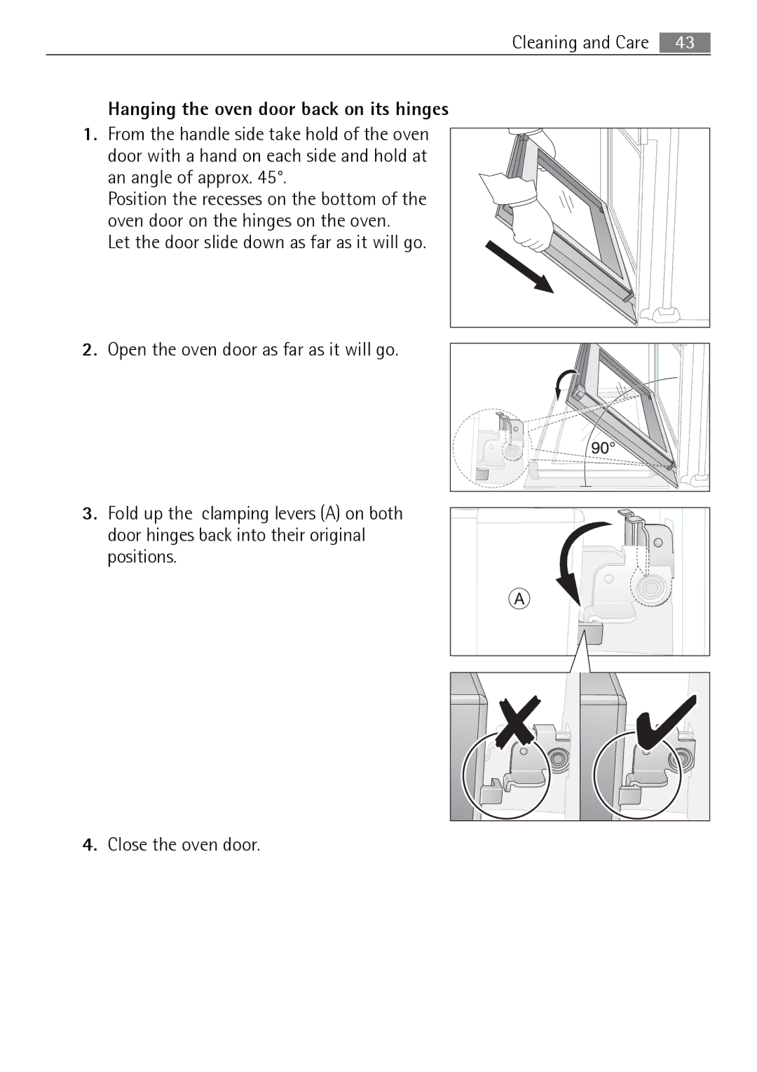 Electrolux B3150-5 user manual Hanging the oven door back on its hinges 