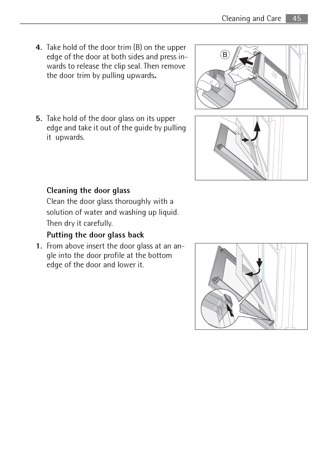 Electrolux B3150-5 user manual Cleaning the door glass, Putting the door glass back 