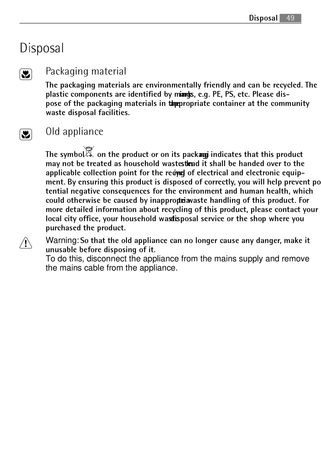 Electrolux B3150-5 user manual Disposal, Packaging material, Old appliance 