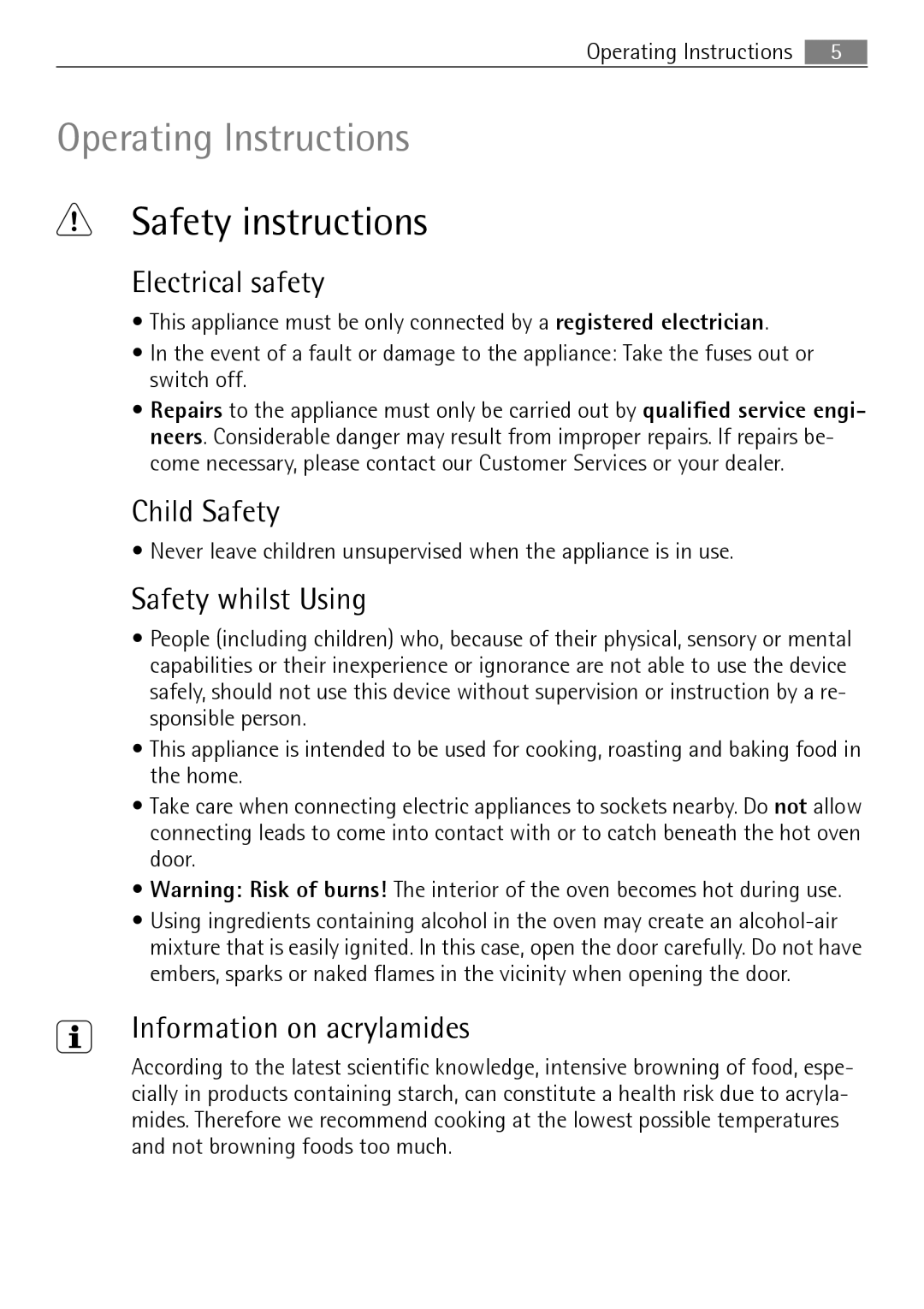 Electrolux B3150-5 Safety instructions, Electrical safety, Child Safety, Safety whilst Using, Information on acrylamides 