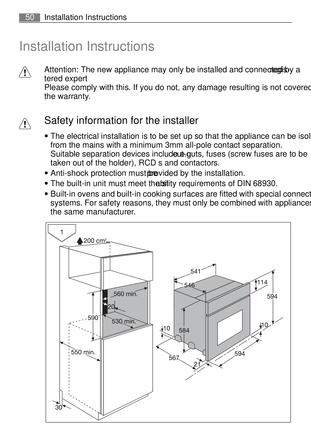 Electrolux B3150-5 user manual Installation Instructions, Safety information for the installer 