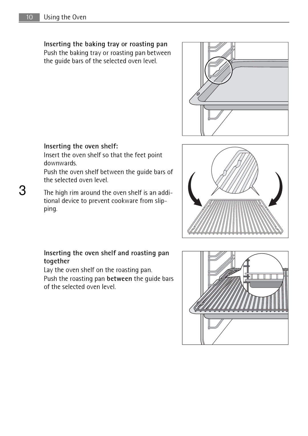 Electrolux B3151-5 user manual Inserting the baking tray or roasting pan, Inserting the oven shelf 