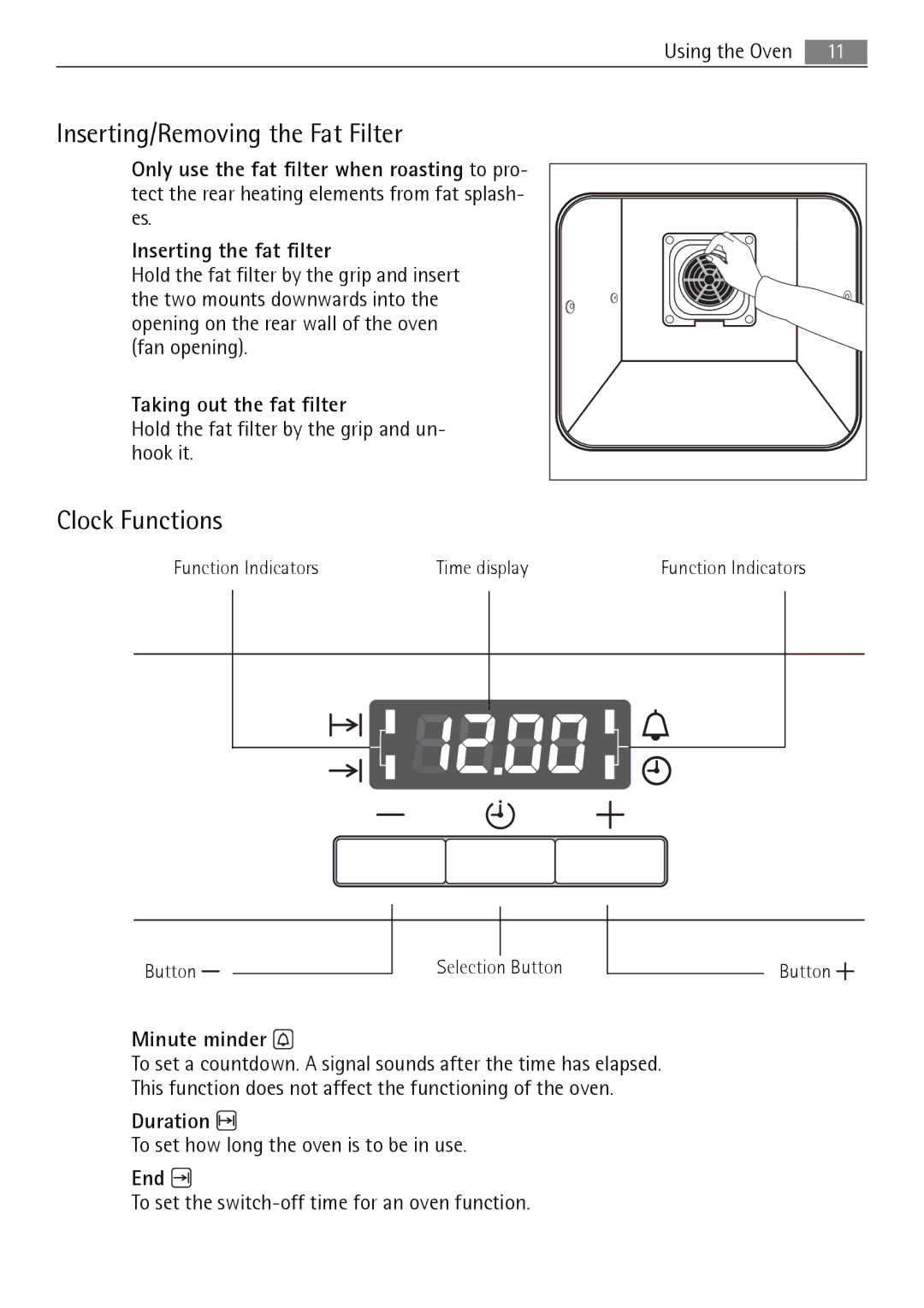 Electrolux B3151-5 user manual Inserting/Removing the Fat Filter, Clock Functions 