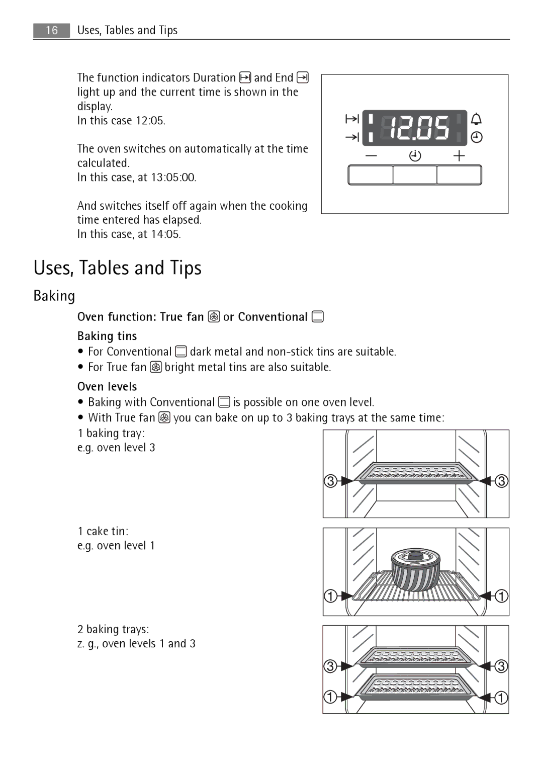 Electrolux B3151-5 user manual Uses, Tables and Tips, Oven function True fan or Conventional Baking tins, Oven levels 