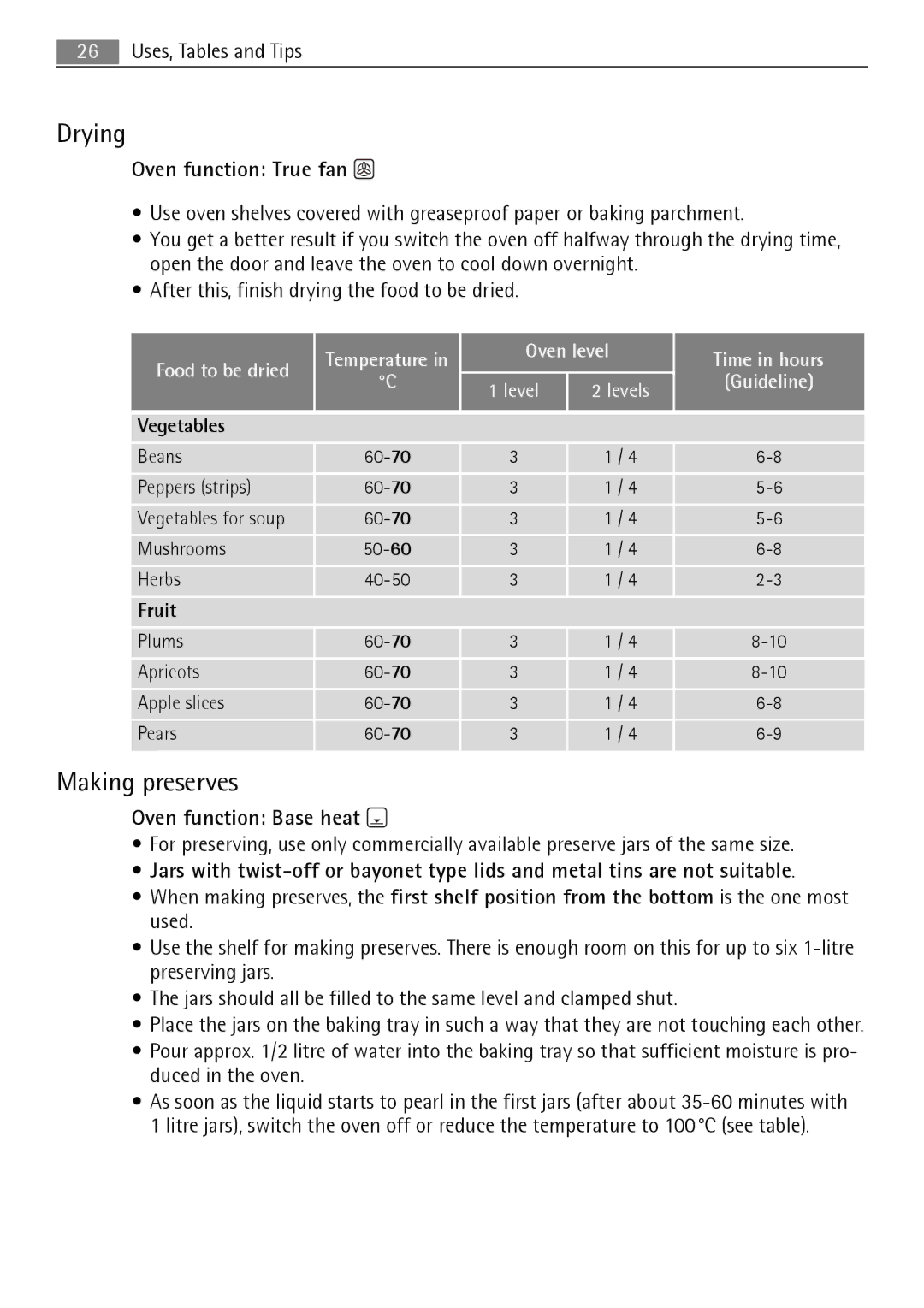 Electrolux B3151-5 user manual Drying, Making preserves, Oven function True fan, Oven function Base heat 