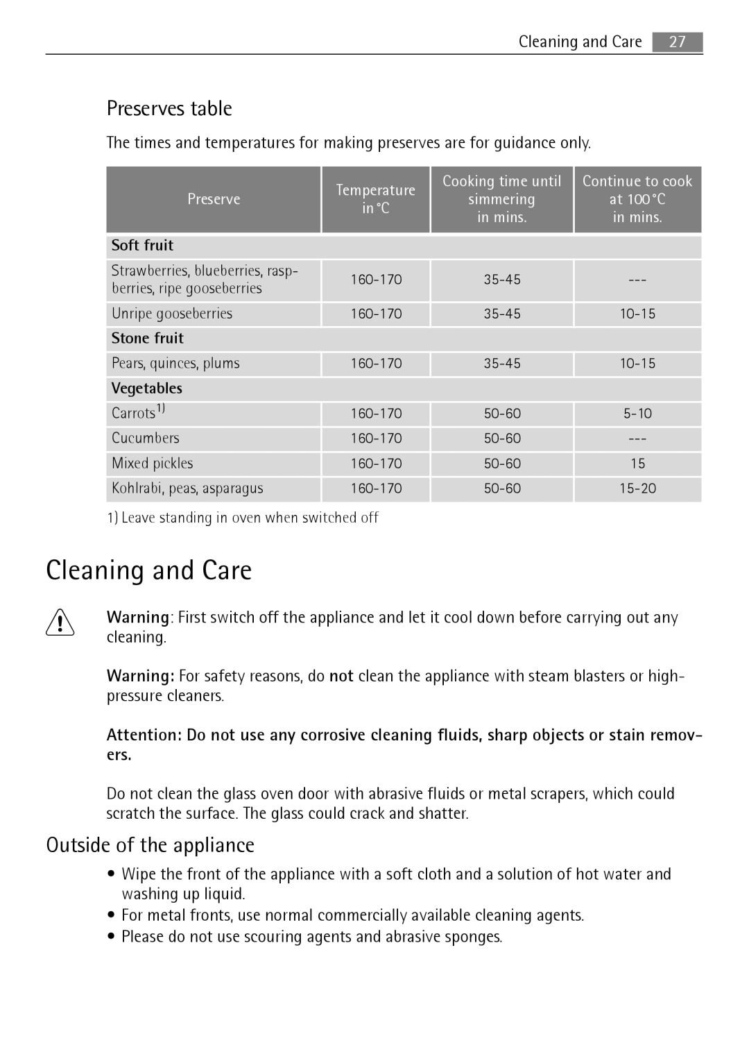 Electrolux B3151-5 user manual Cleaning and Care, Preserves table, Outside of the appliance, Soft fruit, Stone fruit 