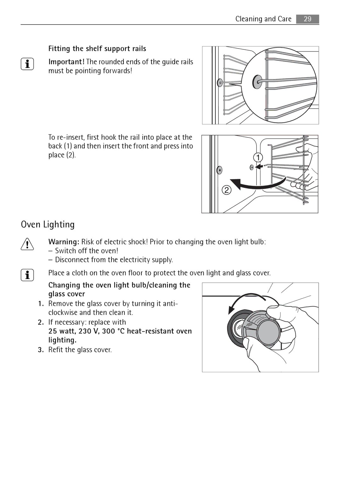 Electrolux B3151-5 Oven Lighting, Fitting the shelf support rails, Changing the oven light bulb/cleaning the glass cover 