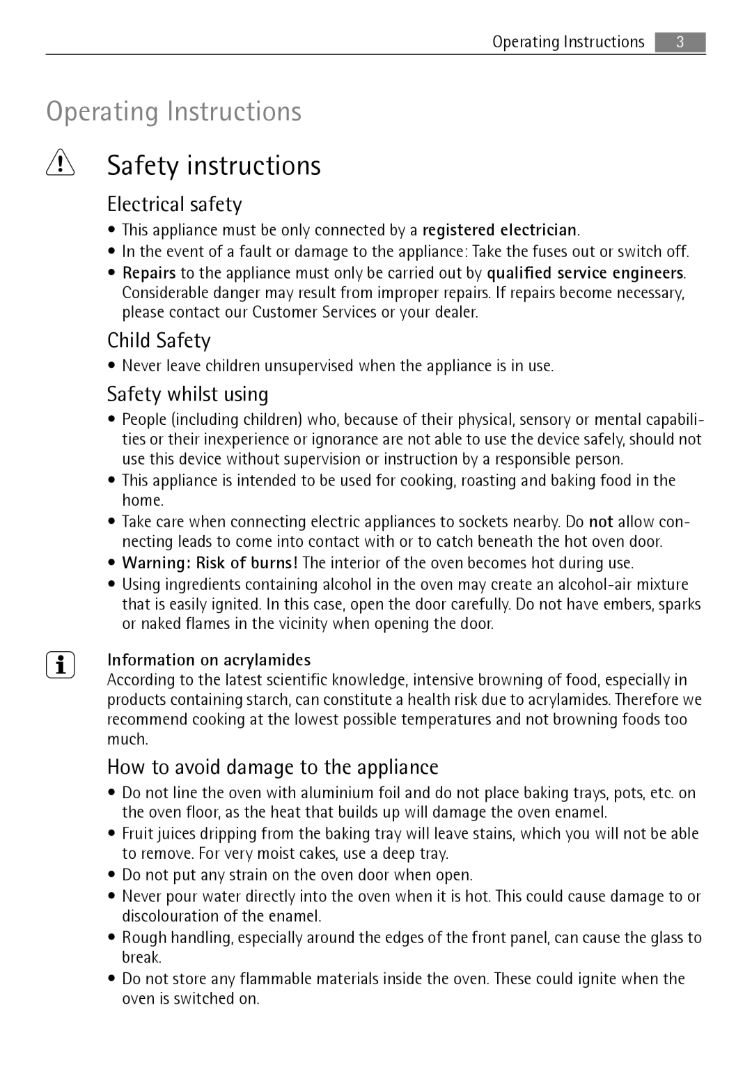 Electrolux B3151-5 user manual Safety instructions, Electrical safety, Child Safety, Safety whilst using 