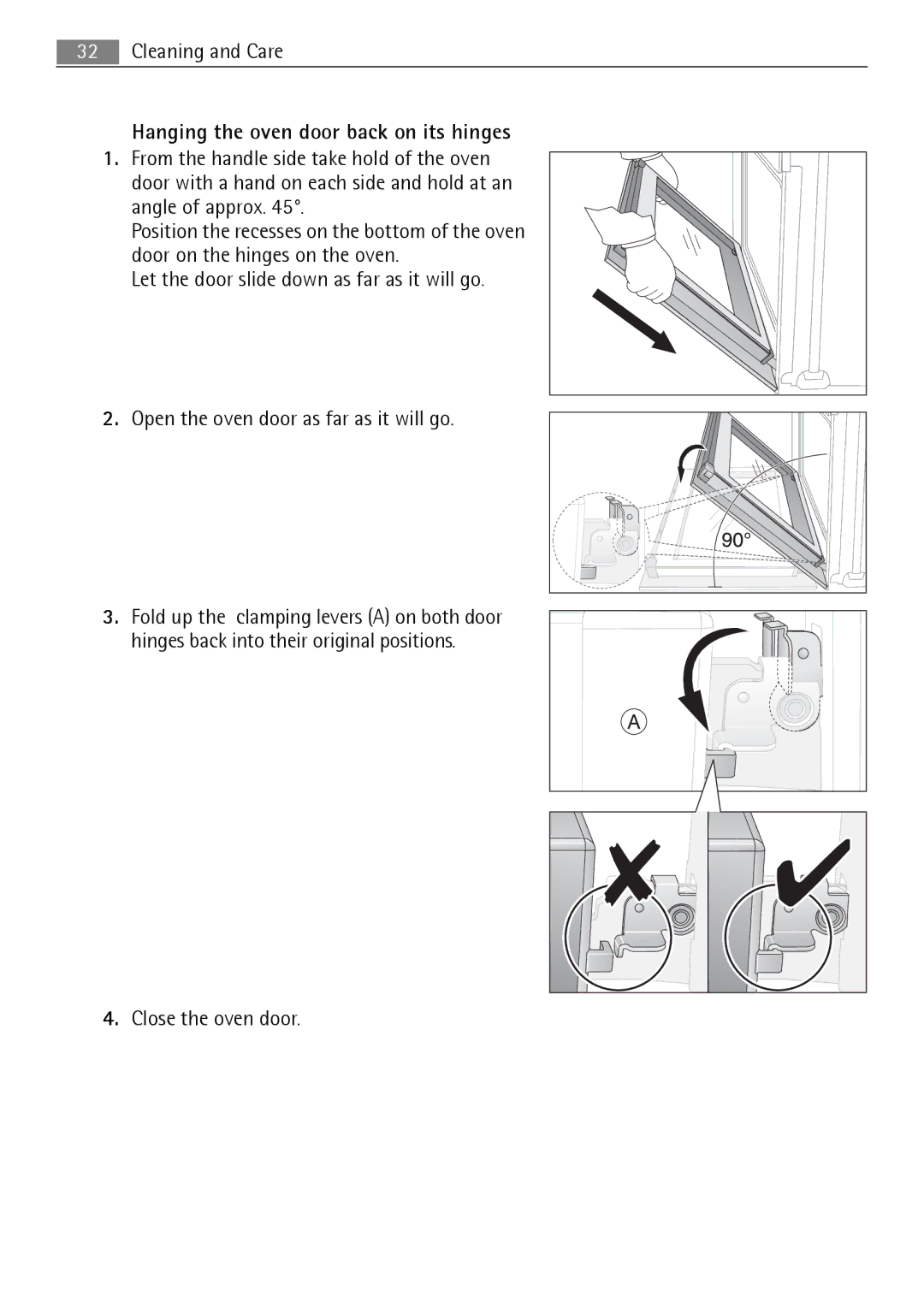 Electrolux B3151-5 user manual Hanging the oven door back on its hinges 