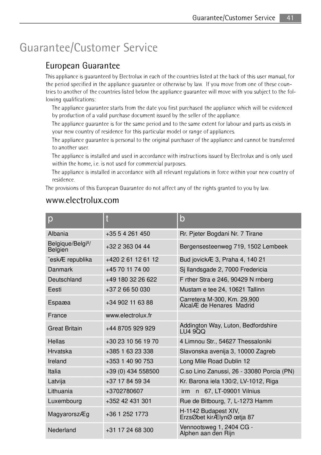 Electrolux B3151-5 user manual Guarantee/Customer Service, European Guarantee 