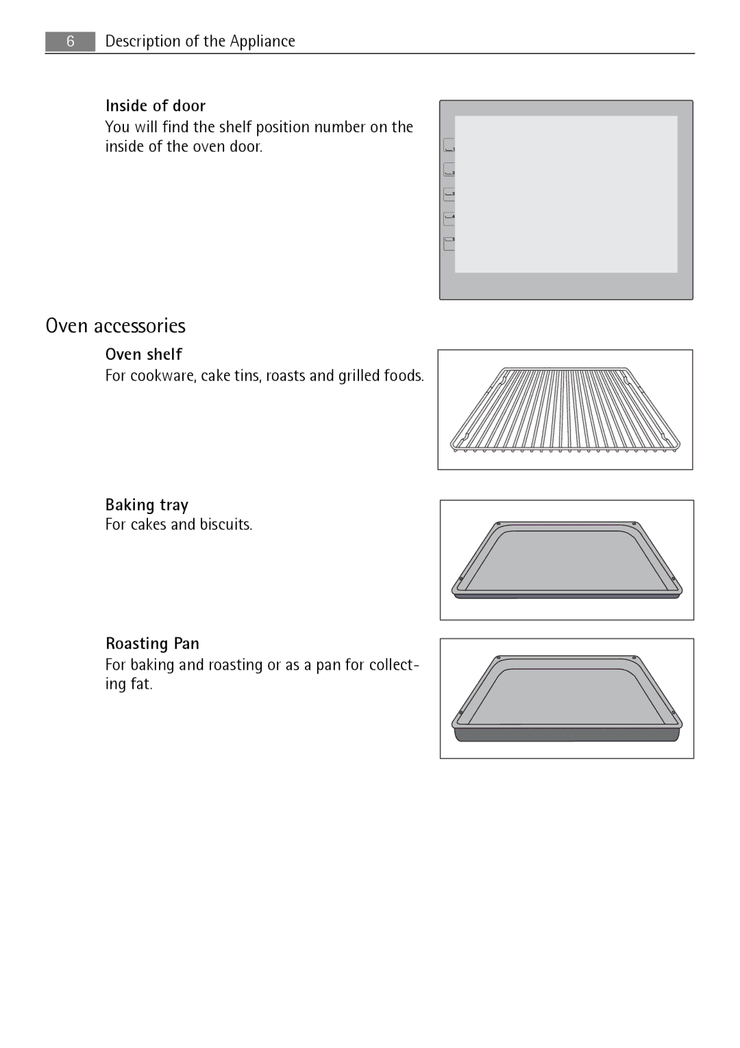 Electrolux B3151-5 user manual Oven accessories, Inside of door, Oven shelf, Baking tray, Roasting Pan 