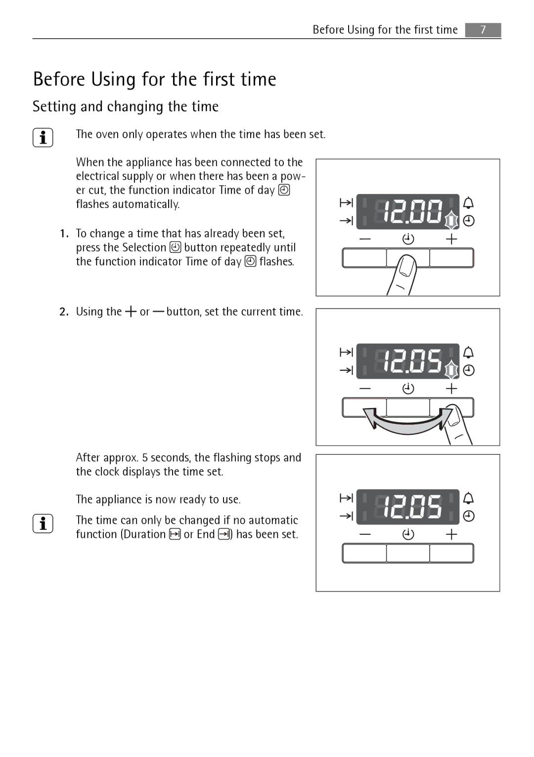 Electrolux B3151-5 user manual Before Using for the first time, Setting and changing the time 