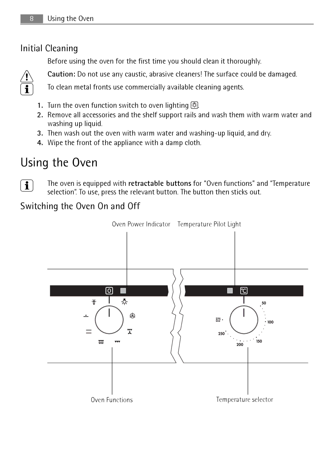 Electrolux B3151-5 user manual Using the Oven, Initial Cleaning, Switching the Oven On and Off 