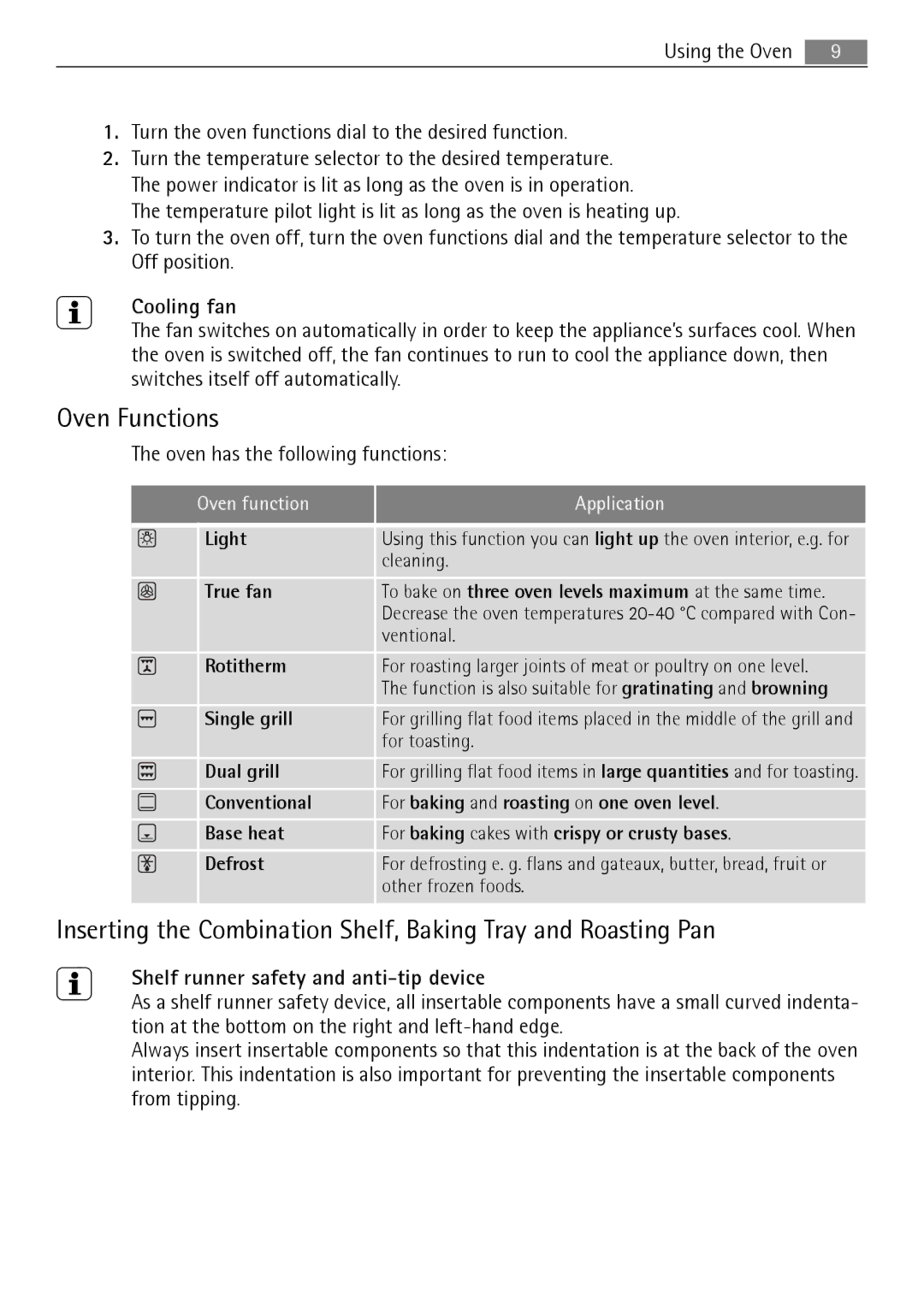 Electrolux B3151-5 user manual Oven Functions, Cooling fan, Shelf runner safety and anti-tip device 