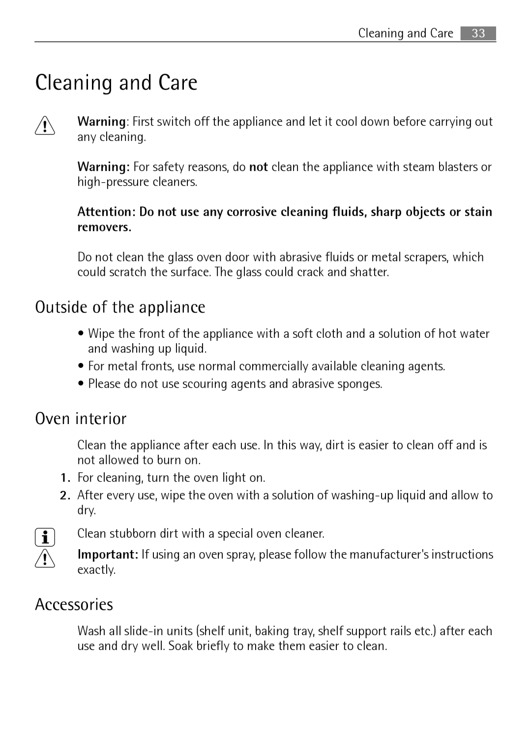 Electrolux B3301-5 user manual Cleaning and Care, Outside of the appliance, Oven interior, Accessories 