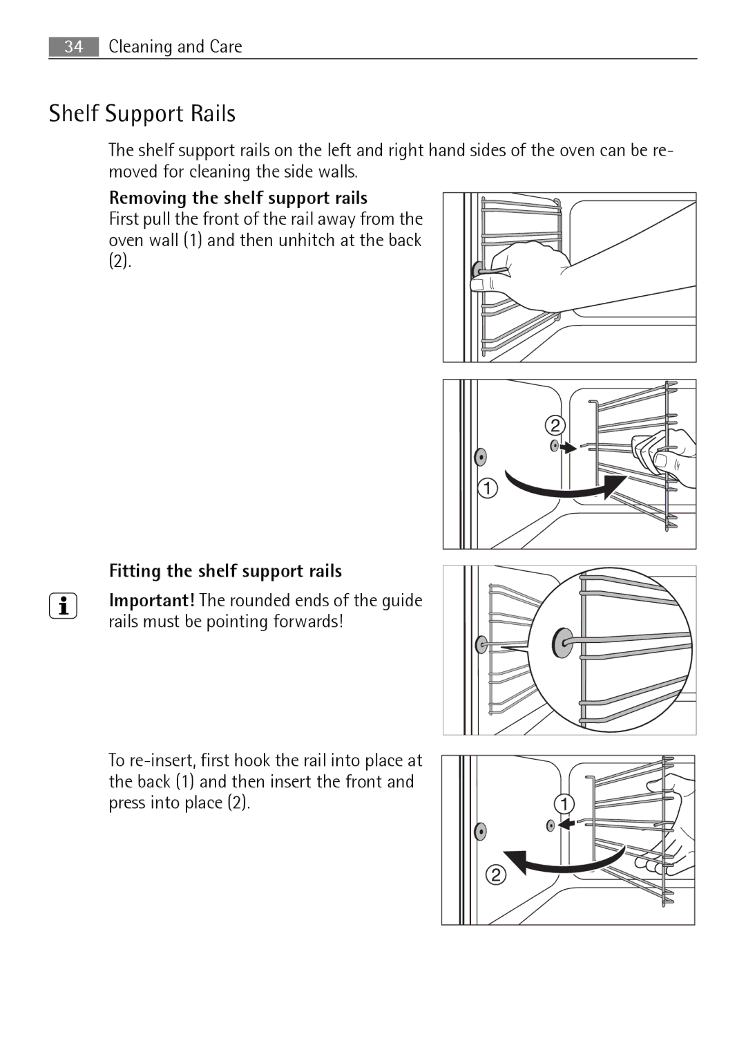 Electrolux B3301-5 user manual Shelf Support Rails, Removing the shelf support rails, Fitting the shelf support rails 