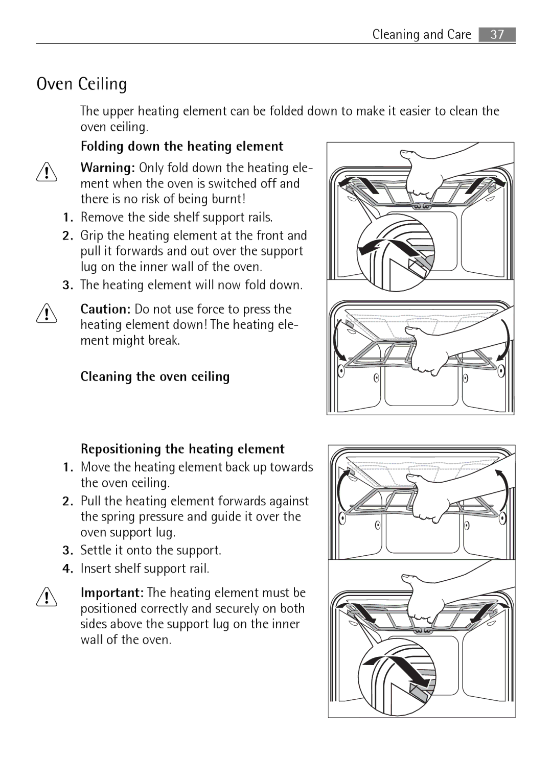 Electrolux B3301-5 user manual Oven Ceiling, Folding down the heating element 