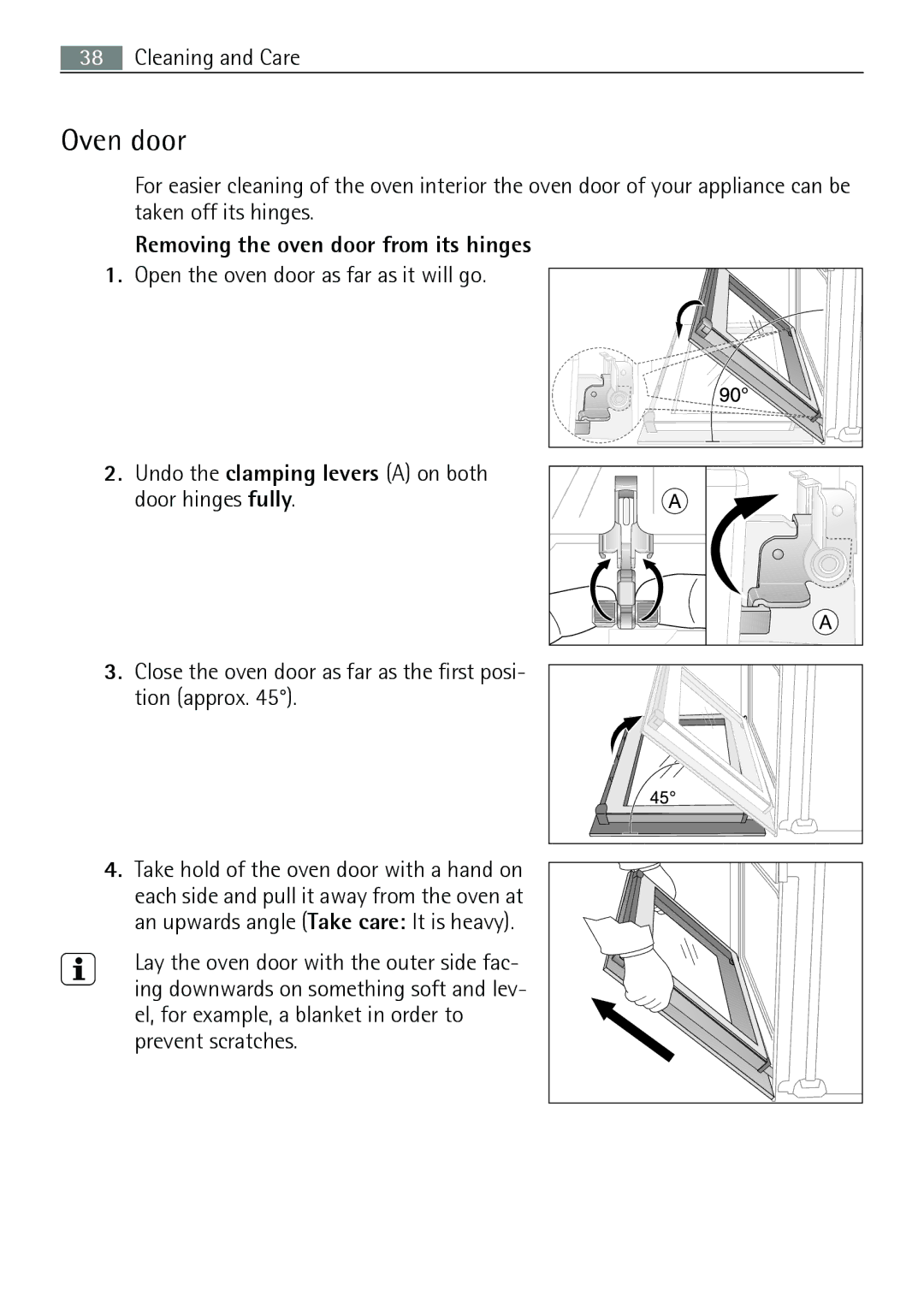 Electrolux B3301-5 Oven door, Removing the oven door from its hinges, Undo the clamping levers a on both door hinges fully 