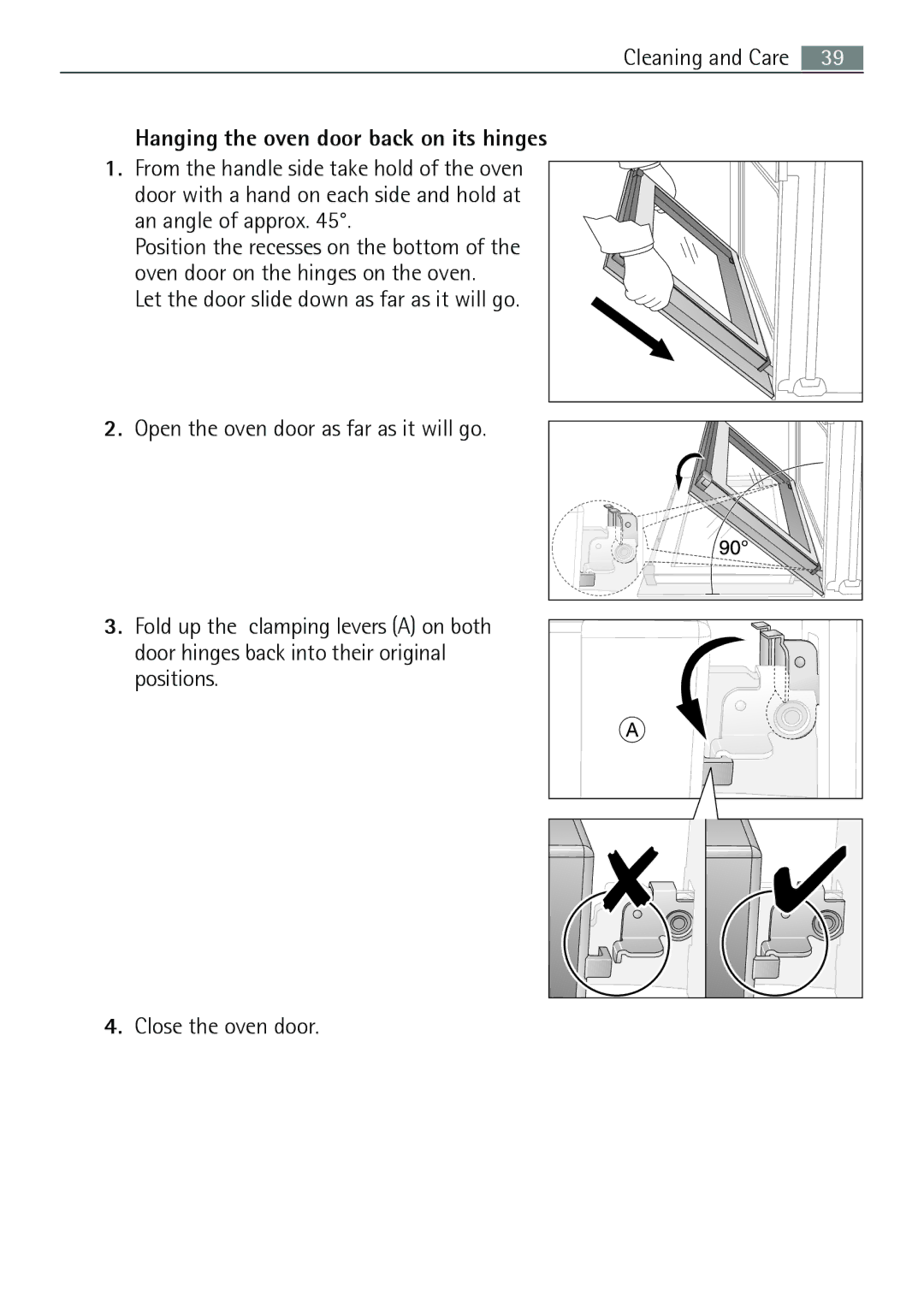 Electrolux B3301-5 user manual Hanging the oven door back on its hinges 