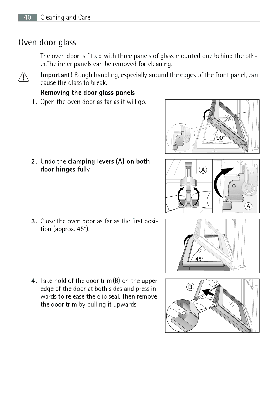 Electrolux B3301-5 user manual Oven door glass, Removing the door glass panels 